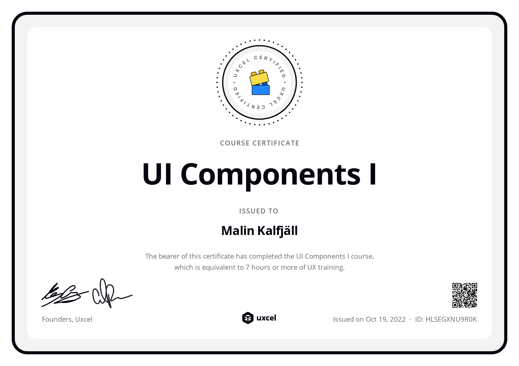 Malin Kalfjäll's certificate